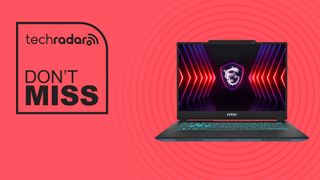 MSI Cyborg 14 on red background with don't miss text overlay